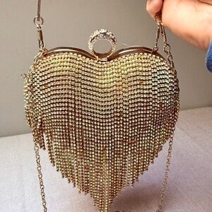 Rhinestone Gold Fringed Heart Evening Bag With Ring Clasp and Shoulder Strap